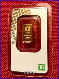 1 gram TD Bank. 9999 Fine Gold Commercial Bar in Sealed Card