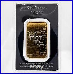 1 oz. 007 James Bond NO TIME TO DIE 999.9 Fine Bullion Gold Bar The Royal Mint