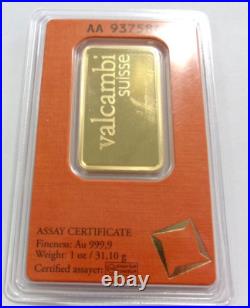 1 oz. 999 Fine Gold Valcambi Suisse Gold Bar in Assay