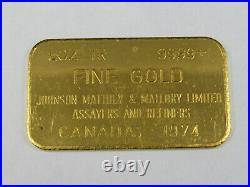 1 oz Fine Gold Bar Johnson Matthey & Mallory Ltd Canada 1974 1 OZ. TR. 9999+