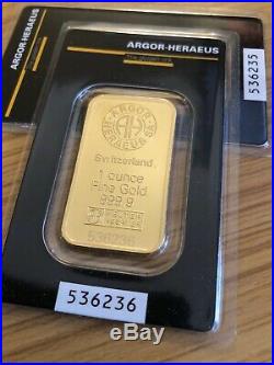 1 oz Gold Bar Argor Heraeus 999.9 Fine in Assay, Swiss/Suisse Pure 1oz