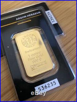 1 oz Gold Bar Argor Heraeus 999.9 Fine in Assay, Swiss/Suisse Pure 1oz
