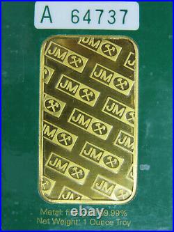1 oz Gold Bar JM Johnson Mathey 9999 Fine Gold Green Certificate A64737