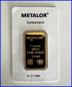 1 oz Gold Bar METALOR Switzerland 999.9 Fine in Sealed Assay