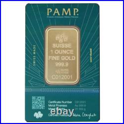 1 oz Gold Bar PAMP Lady of Liberty. 9999 Fine Gold Bar (In Assay)