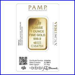 1 oz Gold Bar PAMP Suisse Lady Fortuna Veriscan. 9999 Fine (In Assay)