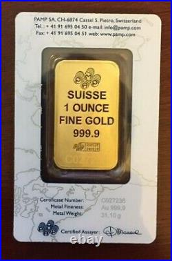 1 oz. Gold Bar-PAMP Suisse Suisse Design 999.9 Fine in Sealed Assay