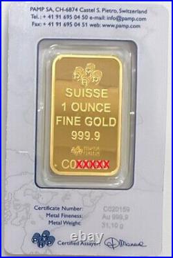 1 oz Gold Bar Pamp Suisse. 9999 Fine Gold Fortuna Design Classis Assay Card