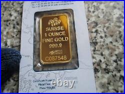 1 oz Gold Bar Pamp Suisse Lady Fortuna. 9999 Fine (Classic Assay) SN C087548