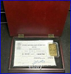 1 oz Johnson Matthey Republic National Bank Gold Bar. 9999 Fine with COA & BOX