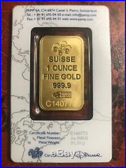 1 oz PAMP Gold Suisse Bar. 9999 Fine Sealed In Assay