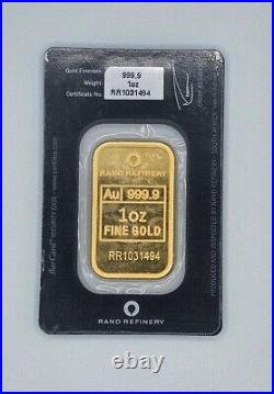 1 oz Rand Refinery Gold Bar. 9999 Fine Sealed in Assay