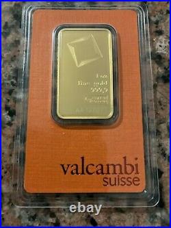 1 oz Valcambi Suisse Minted gold bar. 9999 fine, in Secure Assay Card