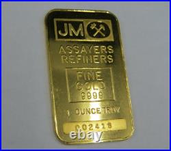 1 troy oz Gold Bar Johnson Matthey JM THE TROJAN BAR 1979 9999 Fine Au 002418