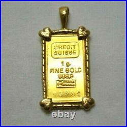 1g 9999 Fine Gold Bar Credit Suisse In 14k Yellow Gold Bezel Pendant With Hearts
