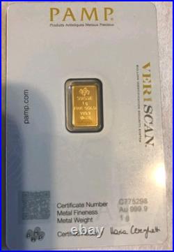 1g. 999 fine Gold PAMP Bullion Bar. Solid pure 24k gold for investment/gift 1g. 999 fine Gold PAMP Bullion Bar. Solid pure 24k gold for investment/gift