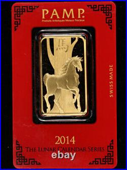 2014 Pamp Suisse 1 Ounce Gold Bar Lunar Calendar Series Horse. 9999 Fine OGP