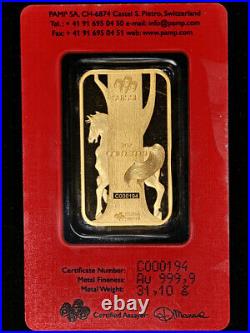2014 Pamp Suisse 1 Ounce Gold Bar Lunar Calendar Series Horse. 9999 Fine OGP