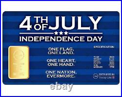 2024 INDEPENDENCE DAY 1/10 oz Pure Gold Bar in Assay. 9999 Fine Gold