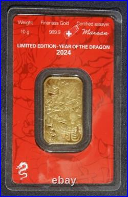 2024 Year of the Dragon 10 Gram ARGOR-HERAEUS. 9999 Fine Gold Bar Lot 260138
