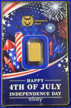 2025 1 Gram. 9999 Fine Gold Germania Mint 4th of July Gold Bar in Assay Card