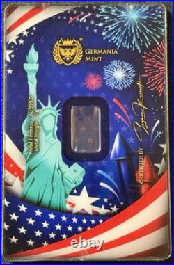 2025 1 Gram. 9999 Fine Gold Germania Mint 4th of July Gold Bar in Assay Card