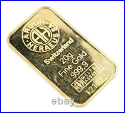 20 Gram Argor Heraeus Gold Bar. 9999 Fine 20g Switzerland Melter Assayer