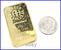20 Gram Argor Heraeus Gold Bar. 9999 Fine 20g Switzerland Melter Assayer