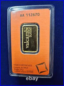 20 g gram Gold Bar VALCAMBI SUISSE. 9999 Fine Sealed in Assay Card