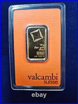 20 g gram Gold Bar VALCAMBI SUISSE. 9999 Fine Sealed in Assay Card