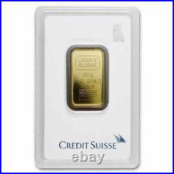 20 gram Credit Suisse Statue of Liberty. 9999 Fine Gold Bar In Assay Card