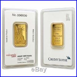 20 gram Credit Suisse Statue of Liberty Gold Bar. 9999 Fine (In Assay)