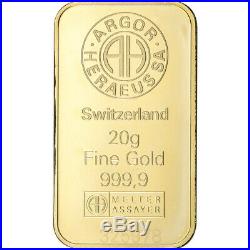 20 gram Gold Bar Argor Heraeus 999.9 Fine in Assay