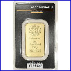 20 gram Gold Bar Argor Heraeus Kinebar Hologram 999.9 Fine in Assay