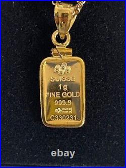 24K GOLD PAMP Suisse 999.9 FINE INGOT BAR With 14K PENDANT BEZEL for CHAIN 2.25g