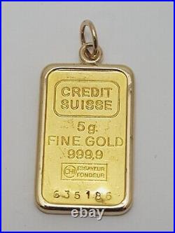 24k 5 Gram Credit Suisse Fine Gold Bar Pendant Charm with 14k Yellow Gold Bezel