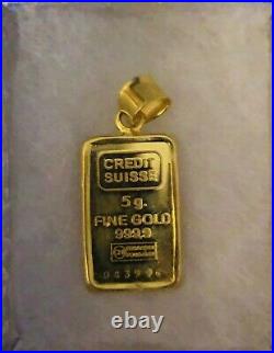 24k Yellow Gold Credit Suisse 5 gram Fine Gold Bar Pendant Charm
