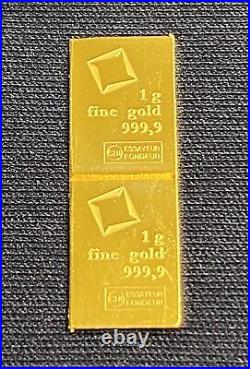(2)-1 gram Gold Bars Valcambi Suisse Combibar. 9999 Fine Gold (2 Grams)