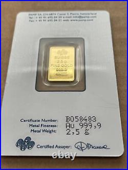 2.5 Gram Gold Bar PAMP Suisse 999.9 Fine in Sealed Assay