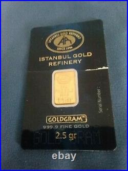 2.5 Gram IGR Gold Bar. 9999 Pure Fine Gold in Assay