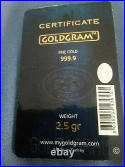 2.5 Gram IGR Gold Bar. 9999 Pure Fine Gold in Assay