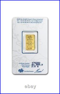 2.5 Gram PAMP Suisse Lady Fortuna 999,9 Fine Gold Bar Sealed in Assay Card