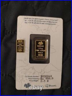 2.5 gram Gold Bar PAMP Suisse 999.9 Fine in Sealed Assay And 1 gram Unsealed