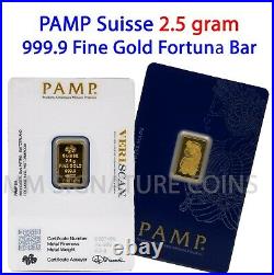 2.5 gram Gold Bar PAMP Suisse, Fortuna 999.9 Fine in Sealed Assay
