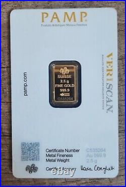 2.5 gram Gold Bar PAMP Suisse Lady Fortuna 999.9 Fine Gold in Sealed Assay