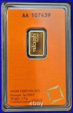 2.5 gram Gold Bar Valcambi Suisse 999.9 Fine in Sealed Assay