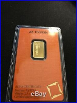 2.5 gram Gold Bar Valcambi Suisse 999.9 Fine in Sealed Assay