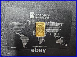 2.5 gram KARATBARS Gold Bullion. 999 Fine Gold bar 24K CERITIFIED & VERIFIED