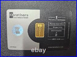 2.5 gram KARATBARS Gold Bullion. 999 Fine Gold bar 24K CERITIFIED & VERIFIED