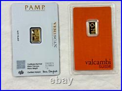 2 Gold Bars 1 Gram Each 999.9 Fine Valcambi & Pamp Suisse Sealed Assay Shown